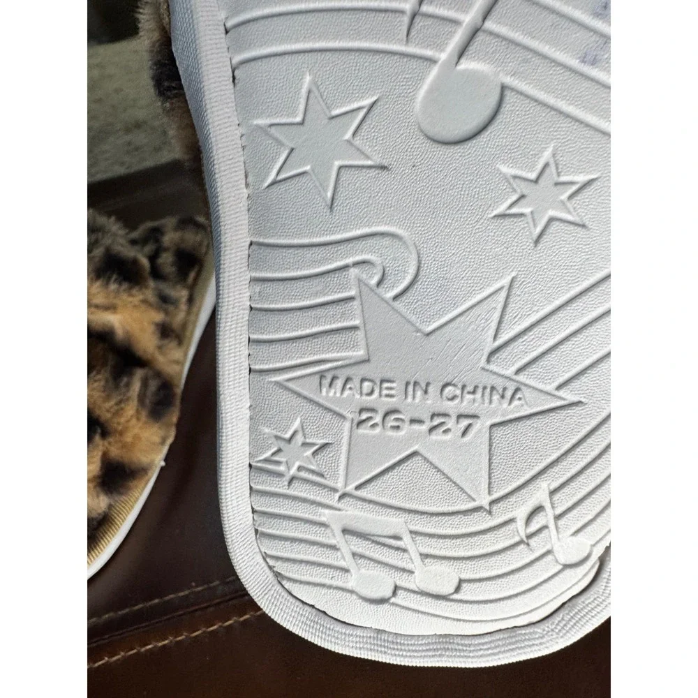 Fuzzy Leopard Slippers - Cozy Open Toe Slides‎ - Kids Size 26-27